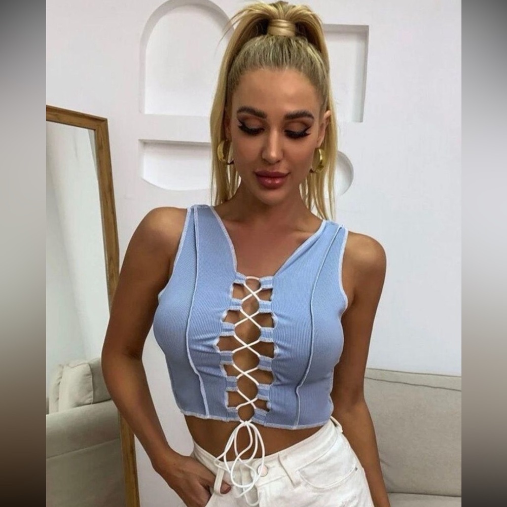 Baby Blue Lace Up Front Tank Top